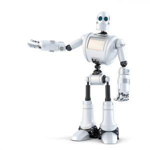 Robot presenting an invisible object. Isolated. Contains clipping path